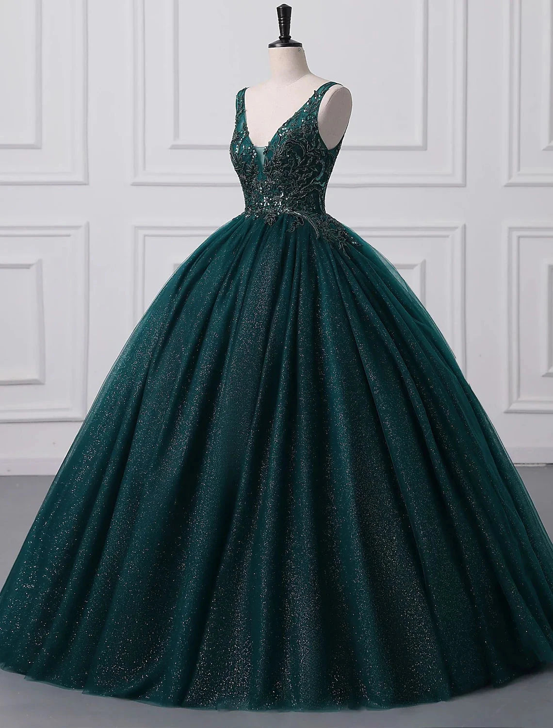 Ball Gown Prom Dresses Sparkle & Shine Dress Quinceanera Floor Length Sleeveless V Neck Tulle with Sequin Appliques by YiHuiw