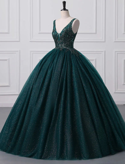 Ball Gown Prom Dresses Sparkle & Shine Dress Quinceanera Floor Length Sleeveless V Neck Tulle with Sequin Appliques by YiHuiw