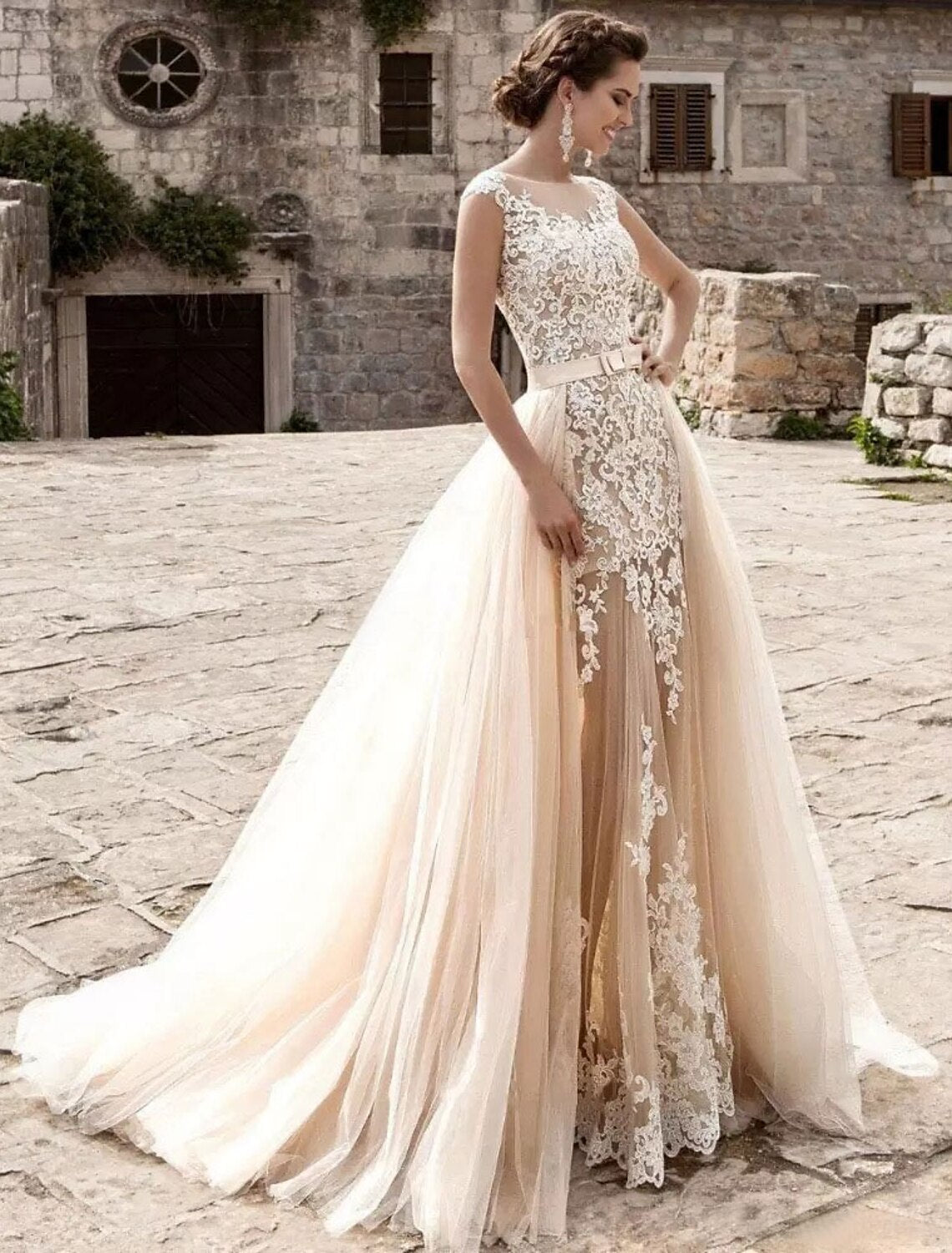 Engagement Formal Wedding Dresses Mermaid / Trumpet Illusion Neck Cap Sleeve Court Train Lace Bridal Gowns With Appliques Summer Wedding Party Women's Clothing by YiHuiw