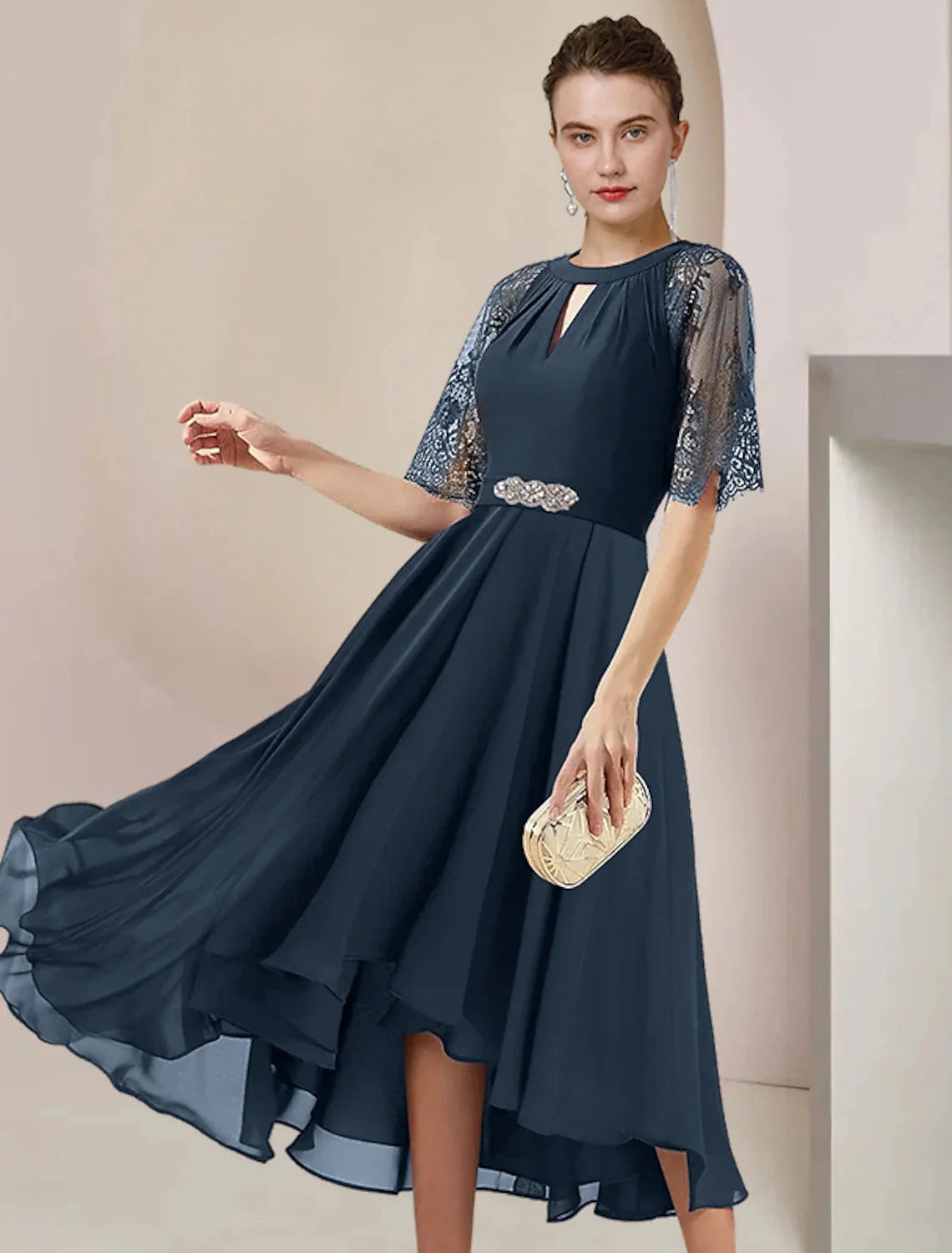 A-Line Mother of the Bride Dress Formal Wedding Guest Party Elegant High Low Scoop Neck Tea Length Chiffon Lace 3/4 Length Sleeve with Pleats Crystal Brooch by YiHuiw