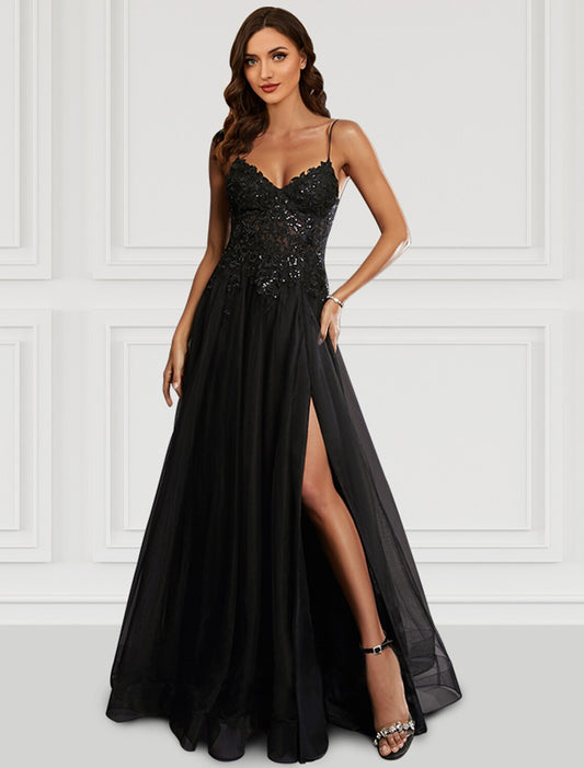 A-Line Prom Dresses Black Dress Party Wear Floor Length Sleeveless Spaghetti Strap Tulle with Glitter Slit by YiHuiw