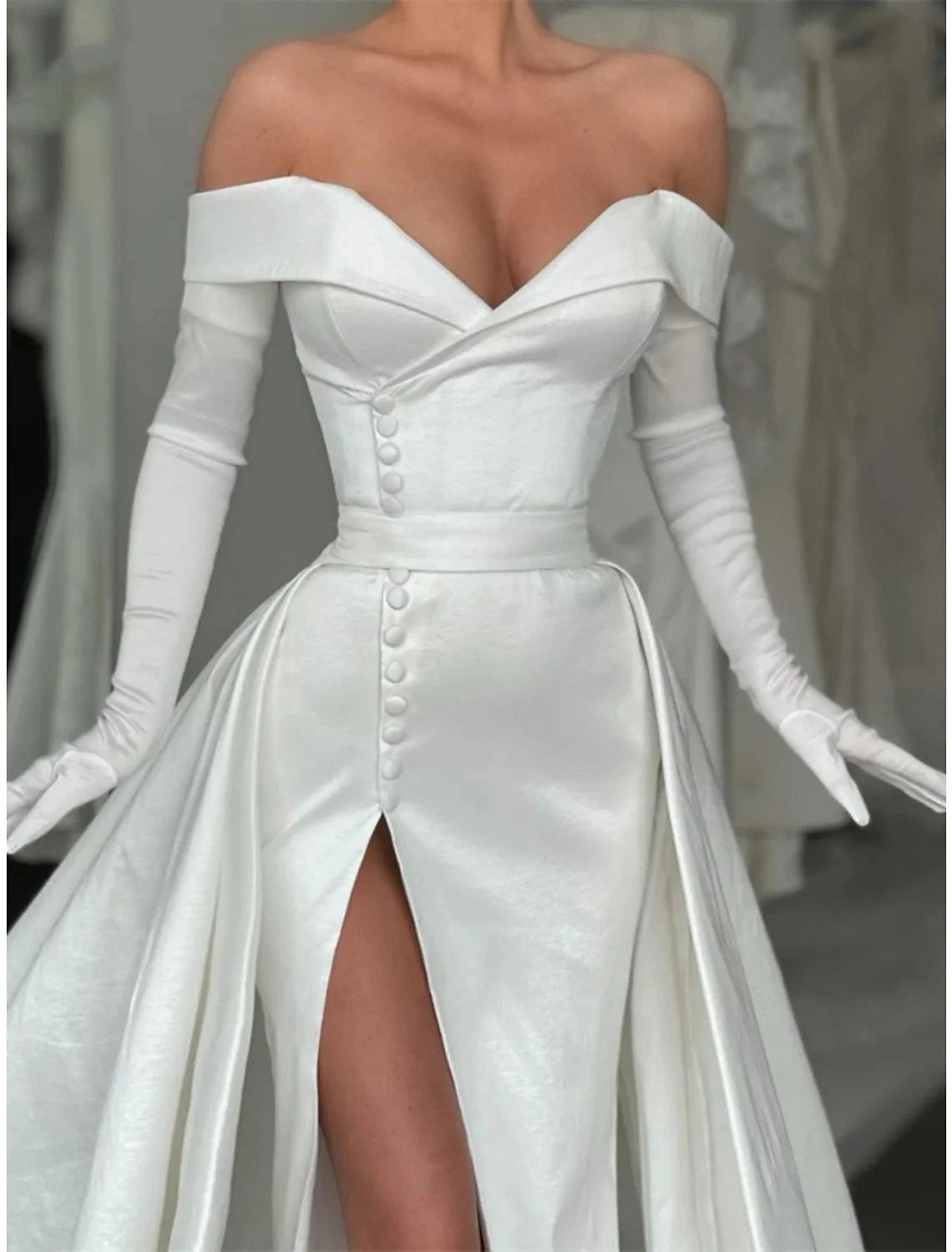 A-Line Evening Gown Elegant Dress Formal Court Train Long Sleeve Off Shoulder Satin with Buttons Pleats Slit by YiHuiw