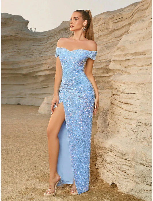 Baby Blue Sheath / Column Party Dresses Sparkle & Shine Dress Party Wear Floor Length Short Sleeve Off Shoulder Sequined with Glitter Ruched Slit Fall by YiHuiw