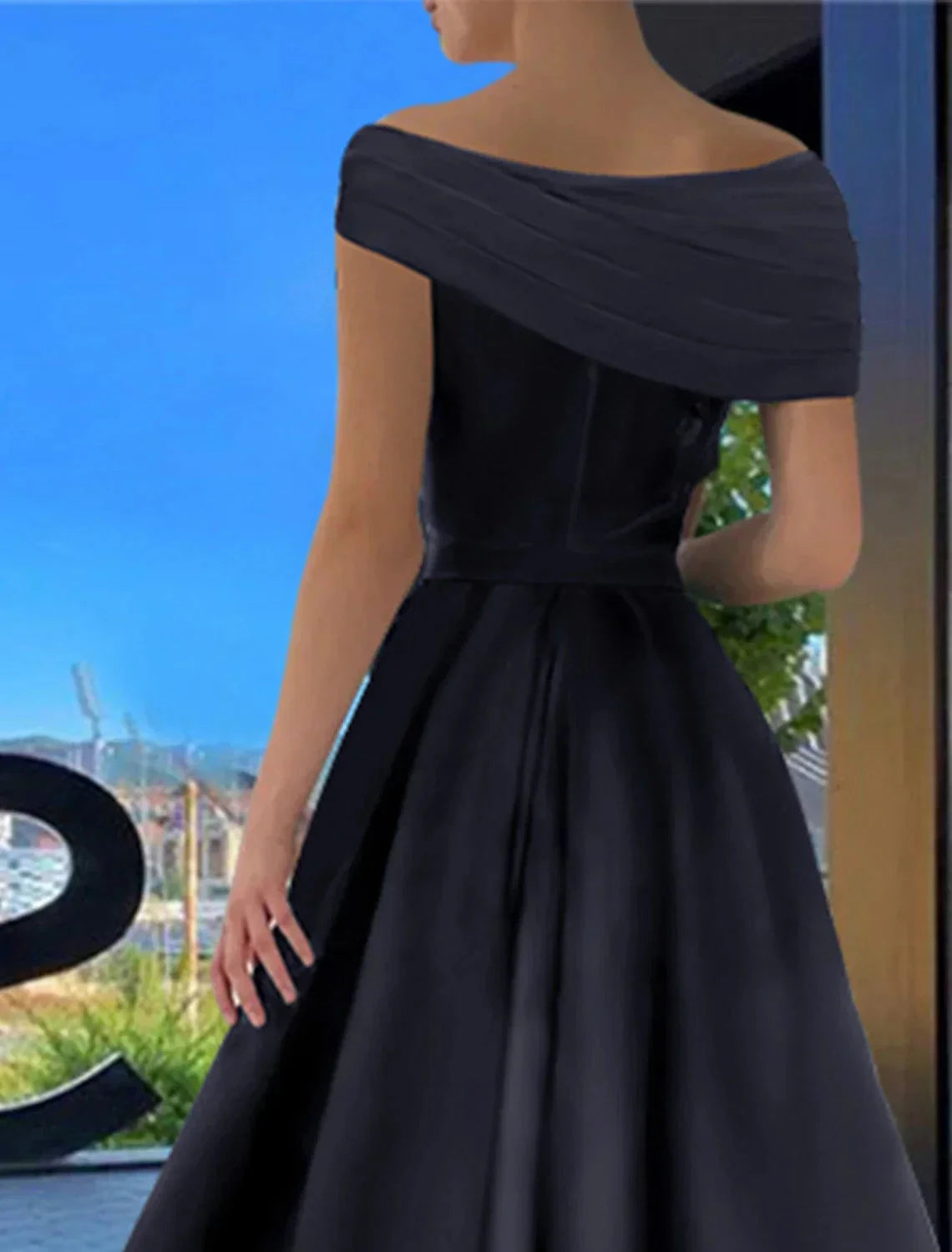 A-Line Prom Dresses Little Black Dress Dress Formal Floor Length Short Sleeve Off Shoulder Satin with Ruched Slit by YiHuiw