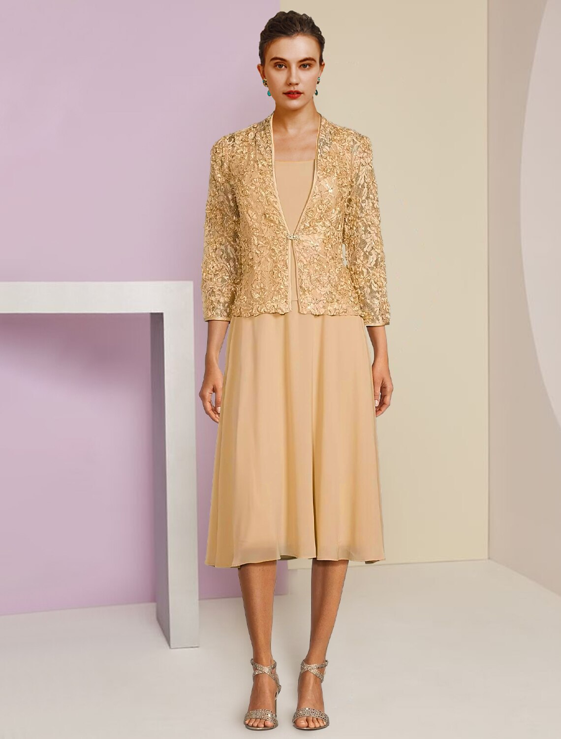 A-Line Mother of the Bride Dress Wedding Guest Elegant Petite Scoop Neck Tea Length Chiffon Lace 3/4 Length Sleeve with Pleats Crystal Brooch by YiHuiw