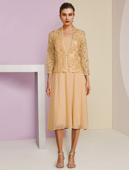 A-Line Mother of the Bride Dress Wedding Guest Elegant Petite Scoop Neck Tea Length Chiffon Lace 3/4 Length Sleeve with Pleats Crystal Brooch by YiHuiw
