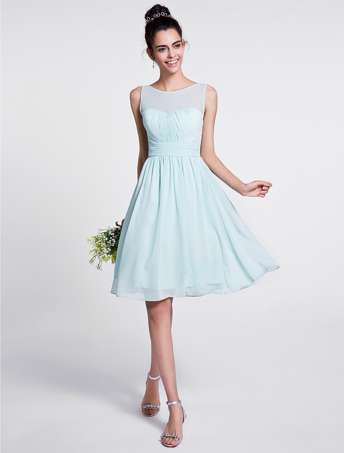 A-Line Bridesmaid Dress Scoop Neck Sleeveless Knee Length Chiffon with Ruched / Draping by YiHuiw