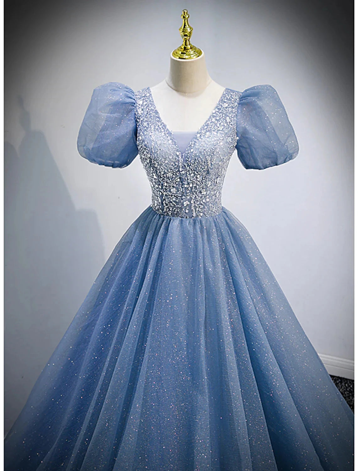 A-Line Prom Dresses Puffy Dress Quinceanera Floor Length Short Sleeve V Neck Tulle with Sequin by YiHuiw