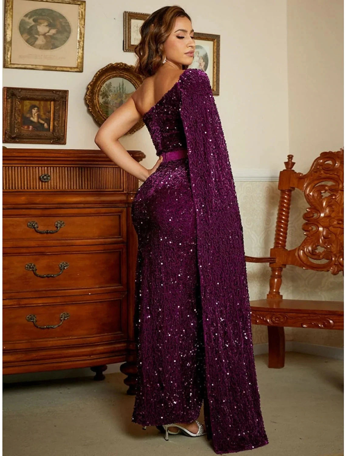 Mermaid / Trumpet Evening Gown Black Elegant Dress Formal Ankle Length Sleeveless One Shoulder Sequined with Glitter Slit by YiHuiw