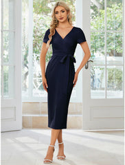 Sheath / Column Wedding Guest Dresses Minimalist Dress Party Wear Tea Length Short Sleeve V Neck  Fabric with Slit Strappy