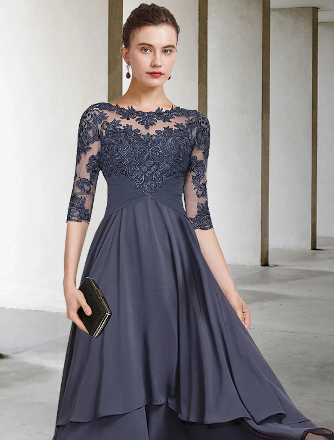 A-Line Mother of the Bride Dress Plus Size Elegant High Low Jewel Neck Asymmetrical Tea Length Chiffon Lace Short Sleeve with Ruched Beading Appliques by YiHuiw