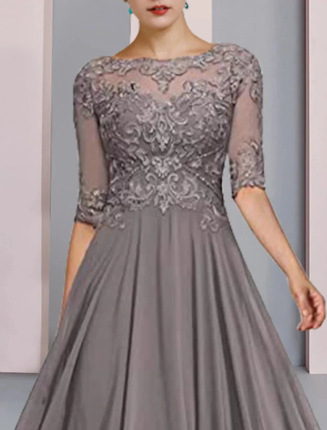 A-Line Mother of the Bride Dress Formal Wedding Guest Elegant Scoop Neck Floor Length Chiffon Lace Half Sleeve Wrap Included with Pleats Beading Appliques by YiHuiw