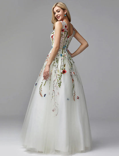 A-Line Special Occasion Dresses Floral Dress Homecoming Quinceanera Floor Length Sleeveless V Neck Lace with Embroidery Appliques by YiHuiw