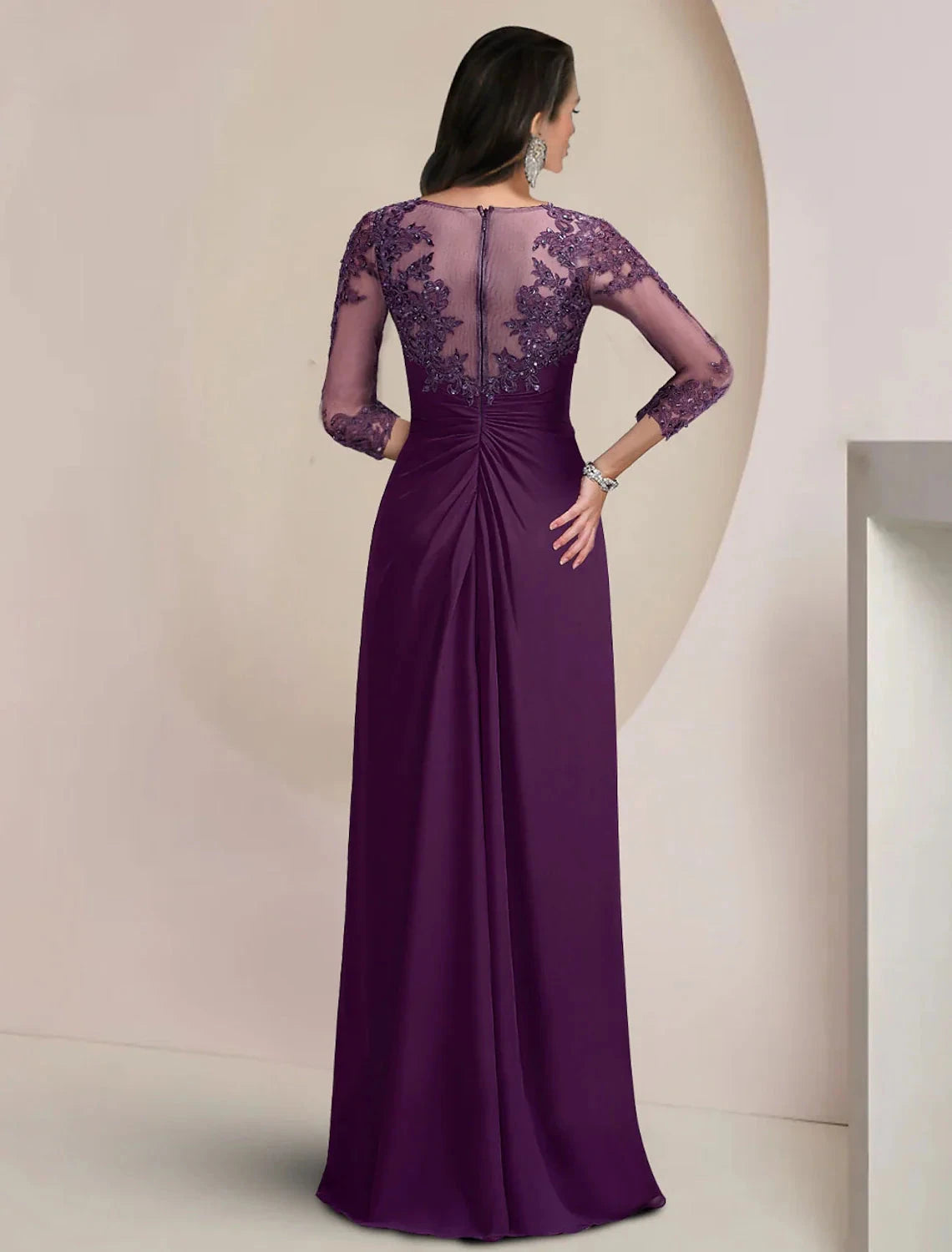 Sheath / Column Mother of the Bride Dress Formal Fall Wedding Guest Elegant Sequin Scoop Neck Floor Length Chiffon Lace 3/4 Sleeve with Appliques Sparkle & Shine by YiHuiw