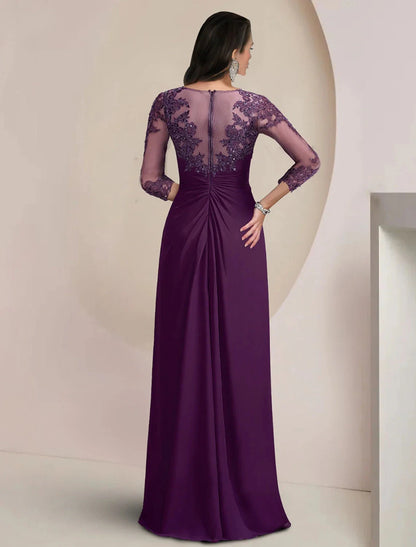 Sheath / Column Mother of the Bride Dress Formal Fall Wedding Guest Elegant Sequin Scoop Neck Floor Length Chiffon Lace 3/4 Sleeve with Appliques Sparkle & Shine by YiHuiw