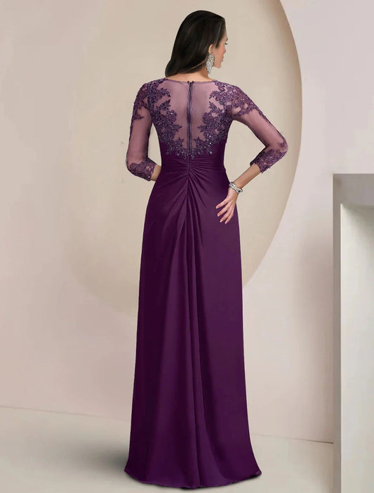 Sheath / Column Mother of the Bride Dress Formal Fall Wedding Guest Elegant Sequin Scoop Neck Floor Length Chiffon Lace 3/4 Sleeve with Appliques Sparkle & Shine by YiHuiw
