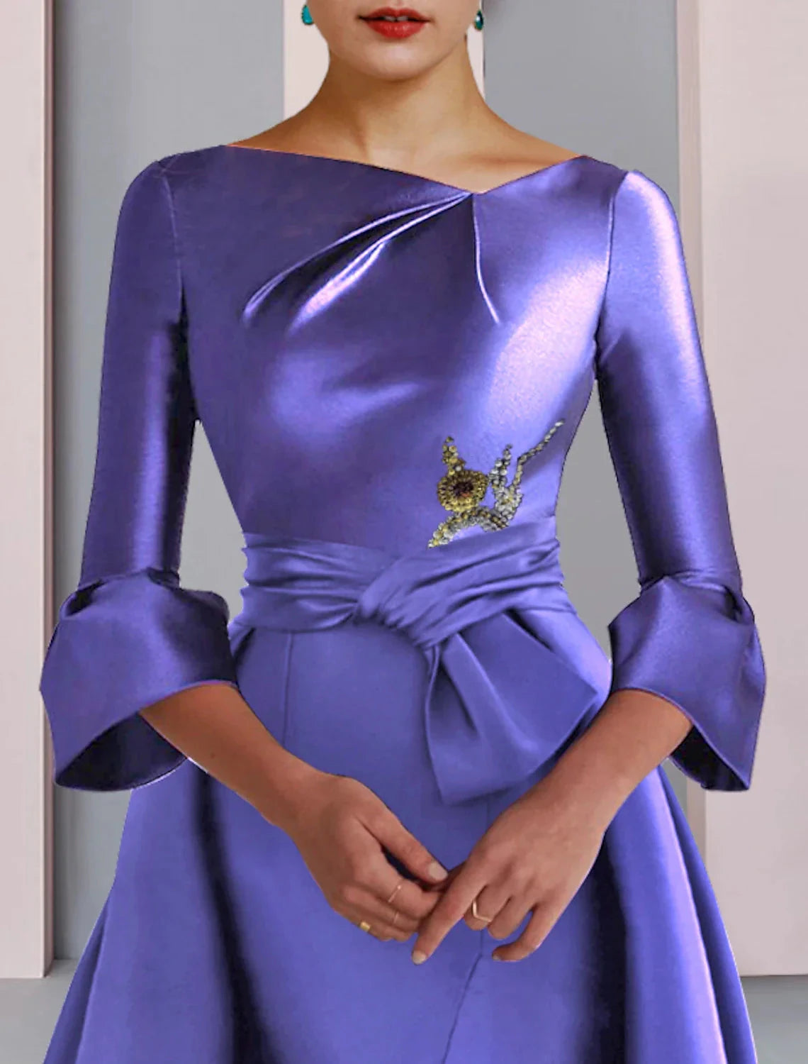 A-Line Mother of the Bride Dress Formal Party Elegant Scoop Neck Floor Length Satin 3/4 Length Sleeve with Bow(s) Pleats Embroidery by YiHuiw