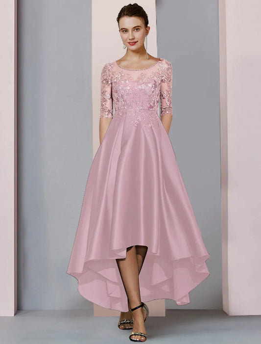 A-Line Mother of the Bride Dress Formal Wedding Guest Party Elegant High Low Scoop Neck Asymmetrical Tea Length Satin Lace Half Sleeve with Pleats Beading Appliques by YiHuiw