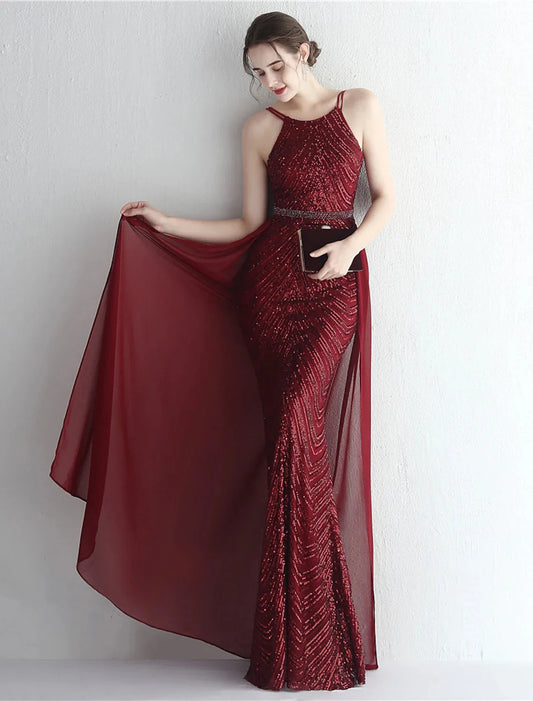Mermaid / Trumpet Prom Dresses Sparkle & Shine Dress Formal Wedding Guest Floor Length Sleeveless Halter Neck Chiffon with Beading Sequin by YiHuiw
