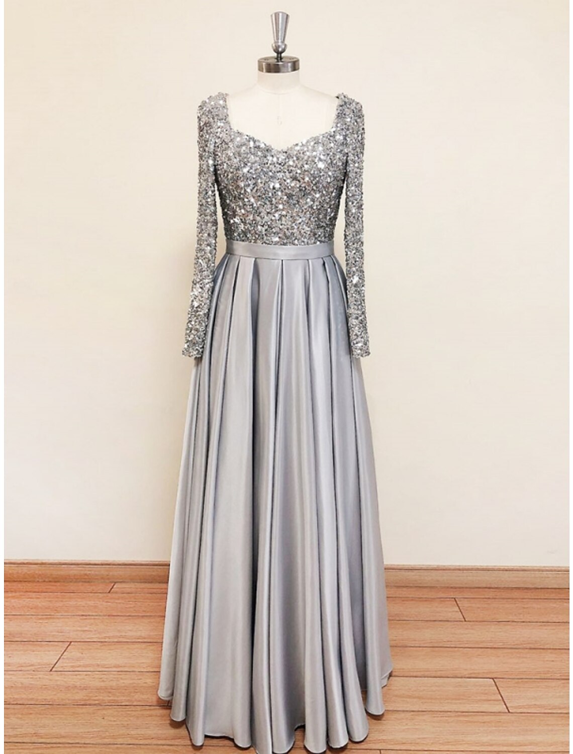 A-Line Evening Gown Sparkle & Shine Dress Formal Fall Sweep / Brush Train Long Sleeve Square Neck Satin with Glitter Pleats by YiHuiw