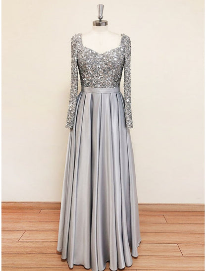 A-Line Evening Gown Sparkle & Shine Dress Formal Fall Sweep / Brush Train Long Sleeve Square Neck Satin with Glitter Pleats by YiHuiw