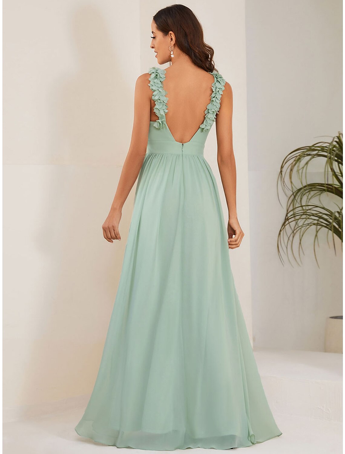 A-Line Wedding Guest Dresses Elegant Dress Formal Floor Length Sleeveless Jewel Neck Chiffon with Pleats Shouder Flower by YiHuiw