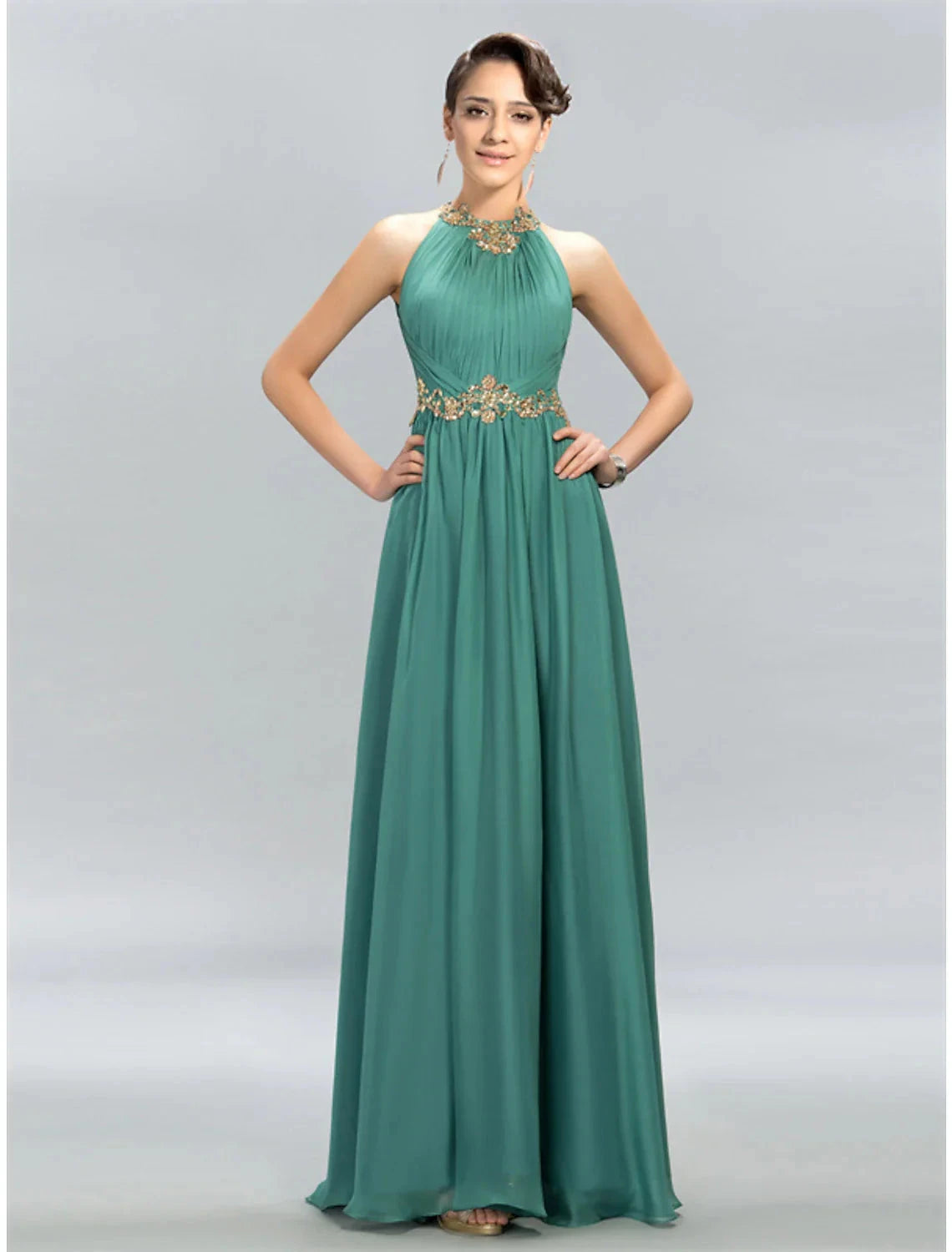 A-Line Wedding Guest Dresses Maxi Dress Party Wear Wedding Party Floor Length Sleeveless Halter Neck Chiffon with Ruched Appliques by YiHuiw