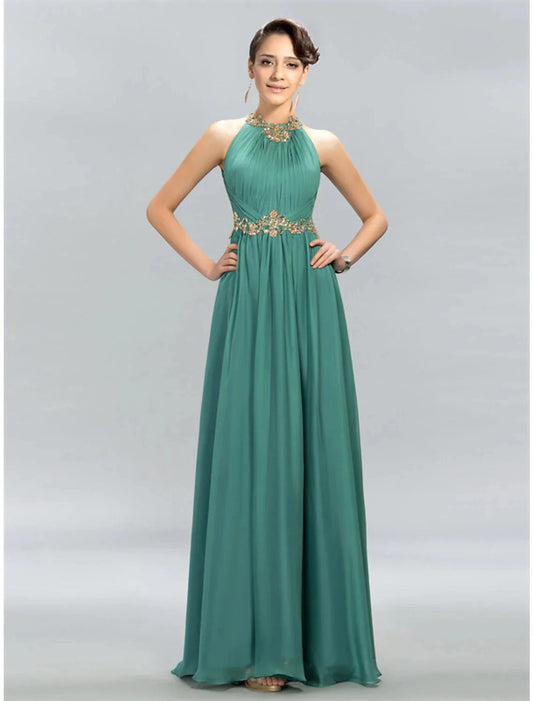 A-Line Wedding Guest Dresses Maxi Dress Party Wear Wedding Party Floor Length Sleeveless Halter Neck Chiffon with Ruched Appliques by YiHuiw