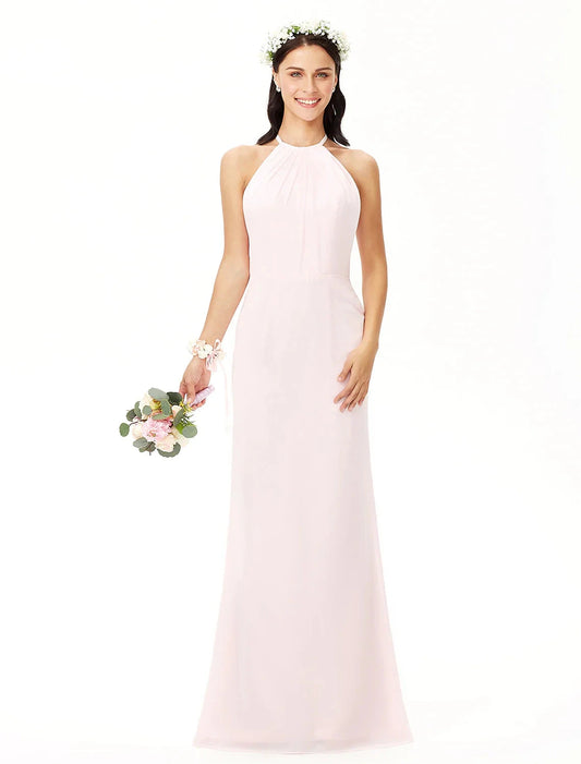Sheath / Column Bridesmaid Dress Jewel Neck Sleeveless Elegant Floor Length Chiffon with Pleats by YiHuiw