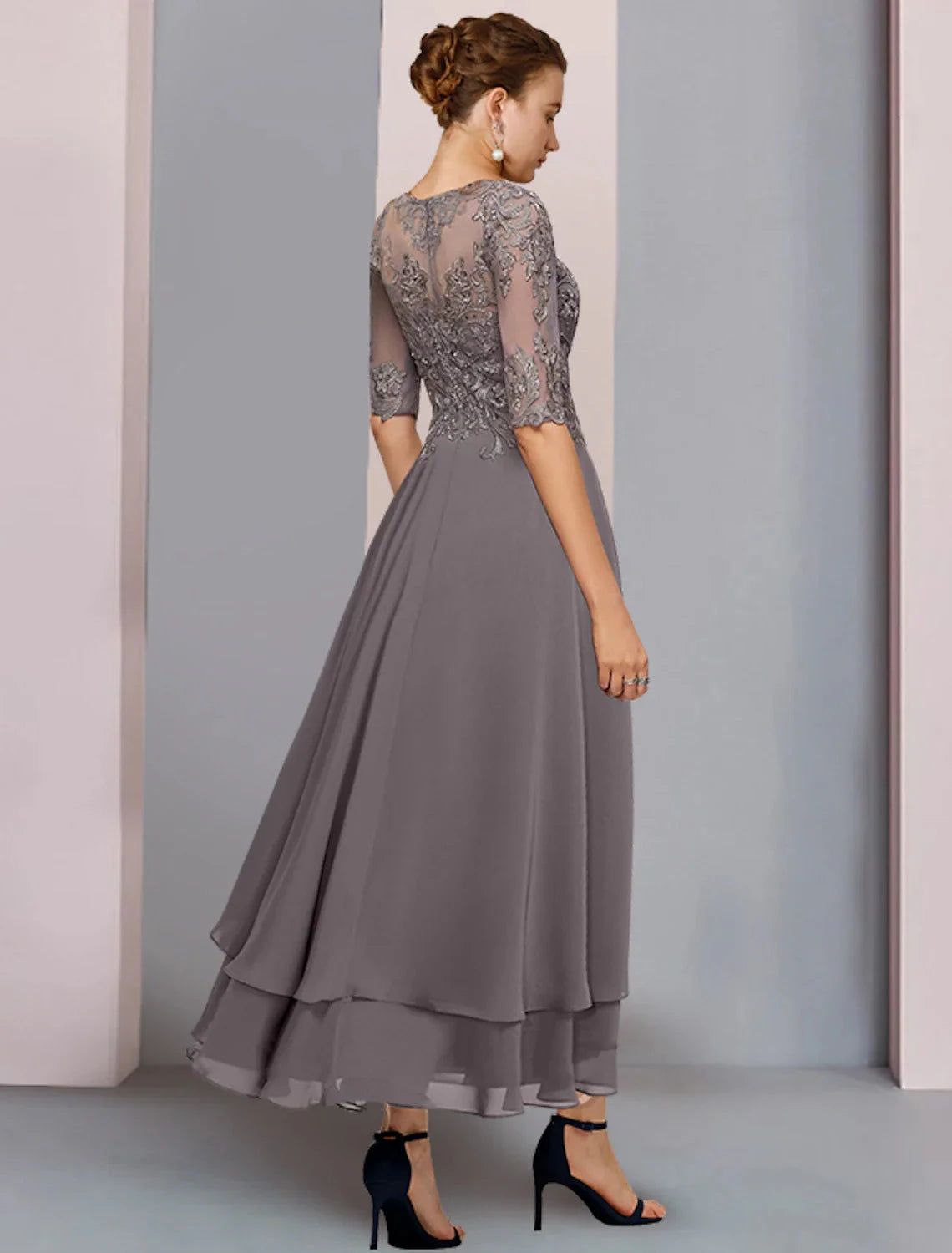 A-Line Mother of the Bride Dress Formal Wedding Guest Elegant Scoop Neck Asymmetrical Tea Length Chiffon Lace 3/4 Length Sleeve with Beading Tier Appliques by YiHuiw