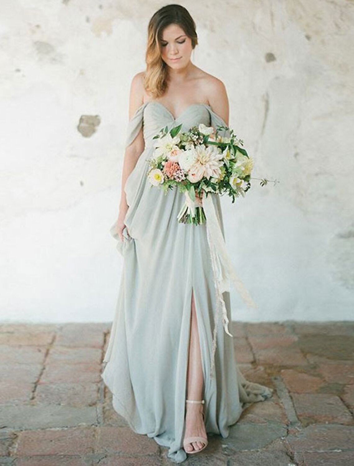 A-Line Bridesmaid Dress Sweetheart Neckline Short Sleeve Furcal Floor Length Chiffon with Pleats / Split Front by YiHuiw