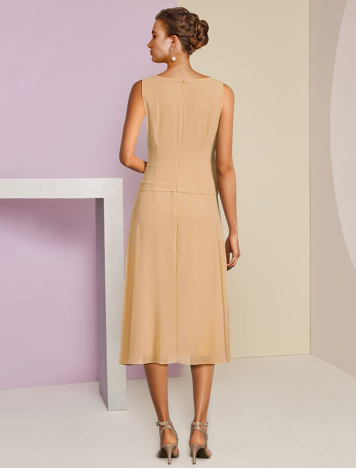 A-Line Mother of the Bride Dress Wedding Guest Elegant Petite Scoop Neck Tea Length Chiffon Lace 3/4 Length Sleeve with Pleats Crystal Brooch by YiHuiw