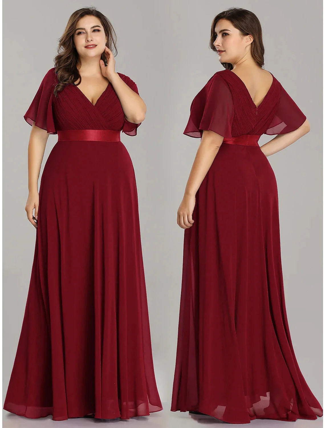 A-Line Empire Fall Wedding Guest Dress For Bridesmaid Plus Size Formal Evening Dress V Neck Short Sleeve Floor Length Chiffon with Pleats Ruched by YiHuiw