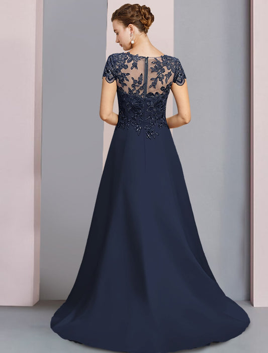 A-Line Mother of the Bride Dress Formal Wedding Guest Party Elegant Scoop Neck Sweep / Brush Train Satin Lace Short Sleeve with Sequin Appliques by YiHuiw