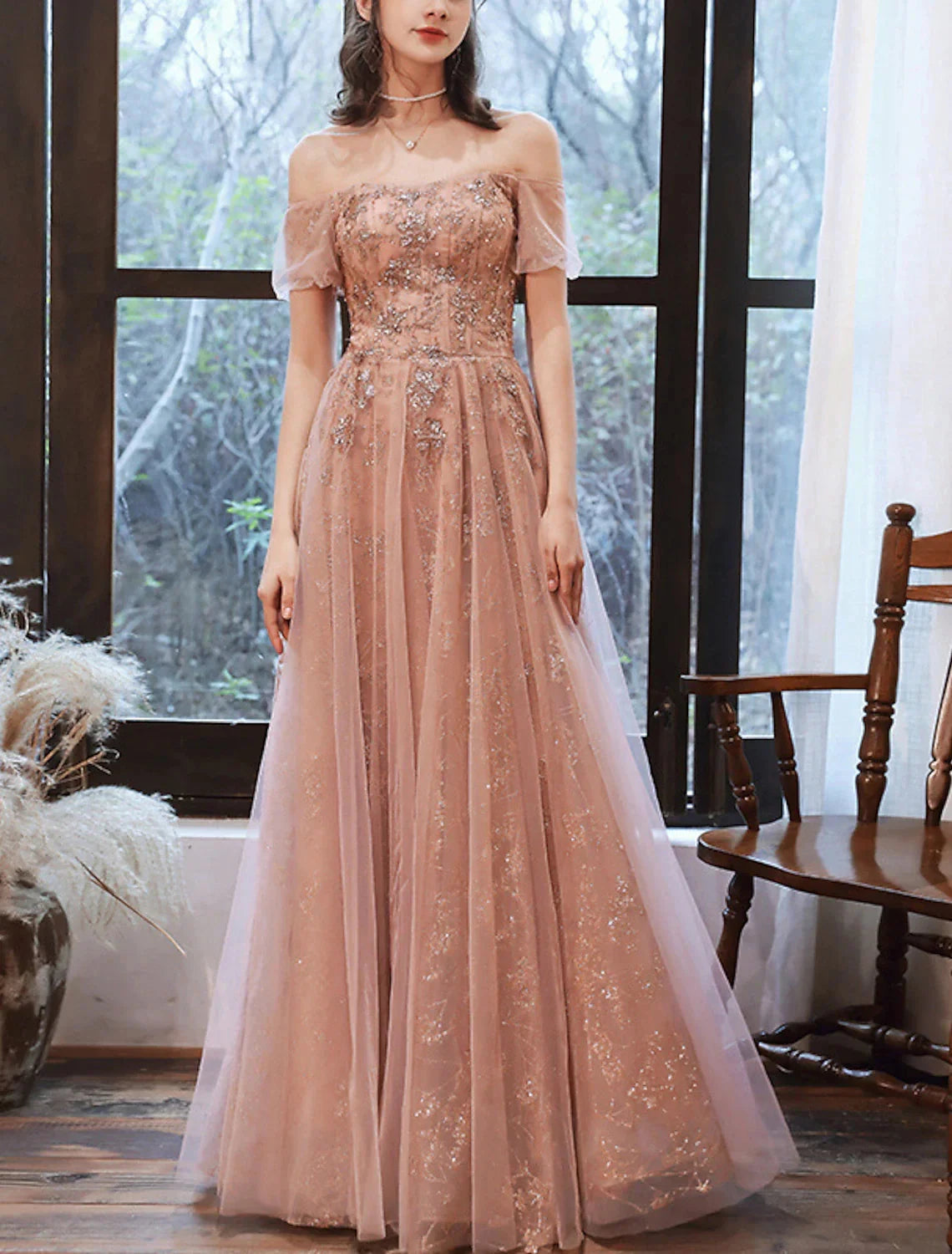 A-Line Evening Gown Glittering Dress Engagement Formal Evening Floor Length Short Sleeve Off Shoulder Spandex with Sequin Appliques by YiHuiw