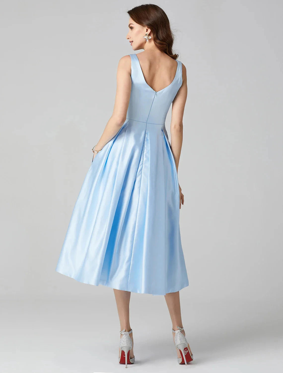 A-Line Cocktail Dresses Party Dress Formal Wedding Guest Tea Length Sleeveless Jewel Neck Pocket Satin with Pleats Shouder Flower by YiHuiw