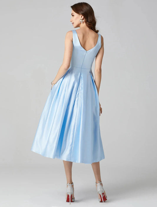 A-Line Cocktail Dresses Party Dress Formal Wedding Guest Tea Length Sleeveless Jewel Neck Pocket Satin with Pleats Shouder Flower by YiHuiw
