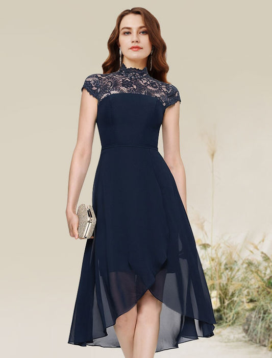 A-Line Cocktail Dresses Flirty Dress Homecoming Wedding Guest Asymmetrical Sleeveless Jewel Neck Chiffon with Lace Insert by YiHuiw
