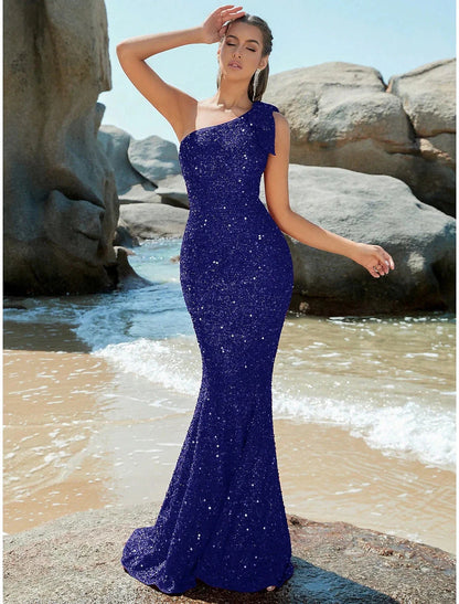 Mermaid / Trumpet Evening Gown Sparkle & Shine Dress Formal Fall Sweep / Brush Train Sleeveless One Shoulder Sequined with Glitter Shouder Flower by YiHuiw