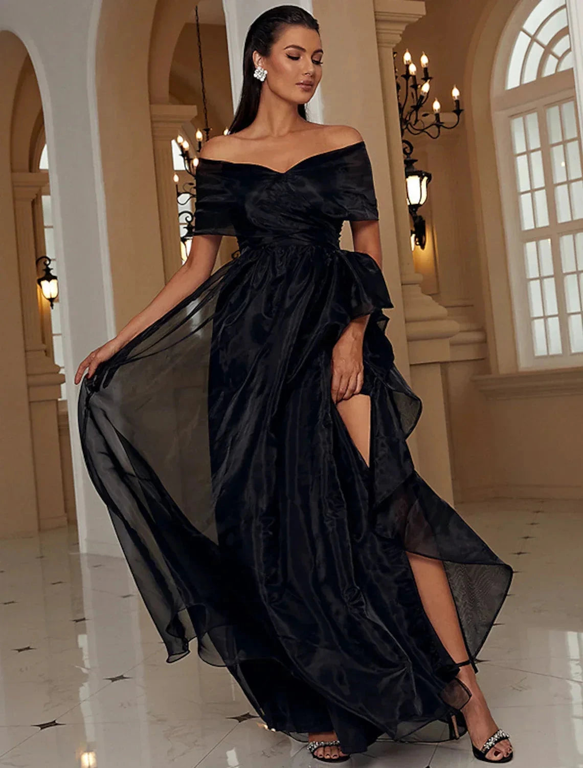 A-Line Evening Gown Sexy Dress Formal Floor Length Short Sleeve Off Shoulder Wednesday Addams Family Polyester with Ruffles Slit by YiHuiw