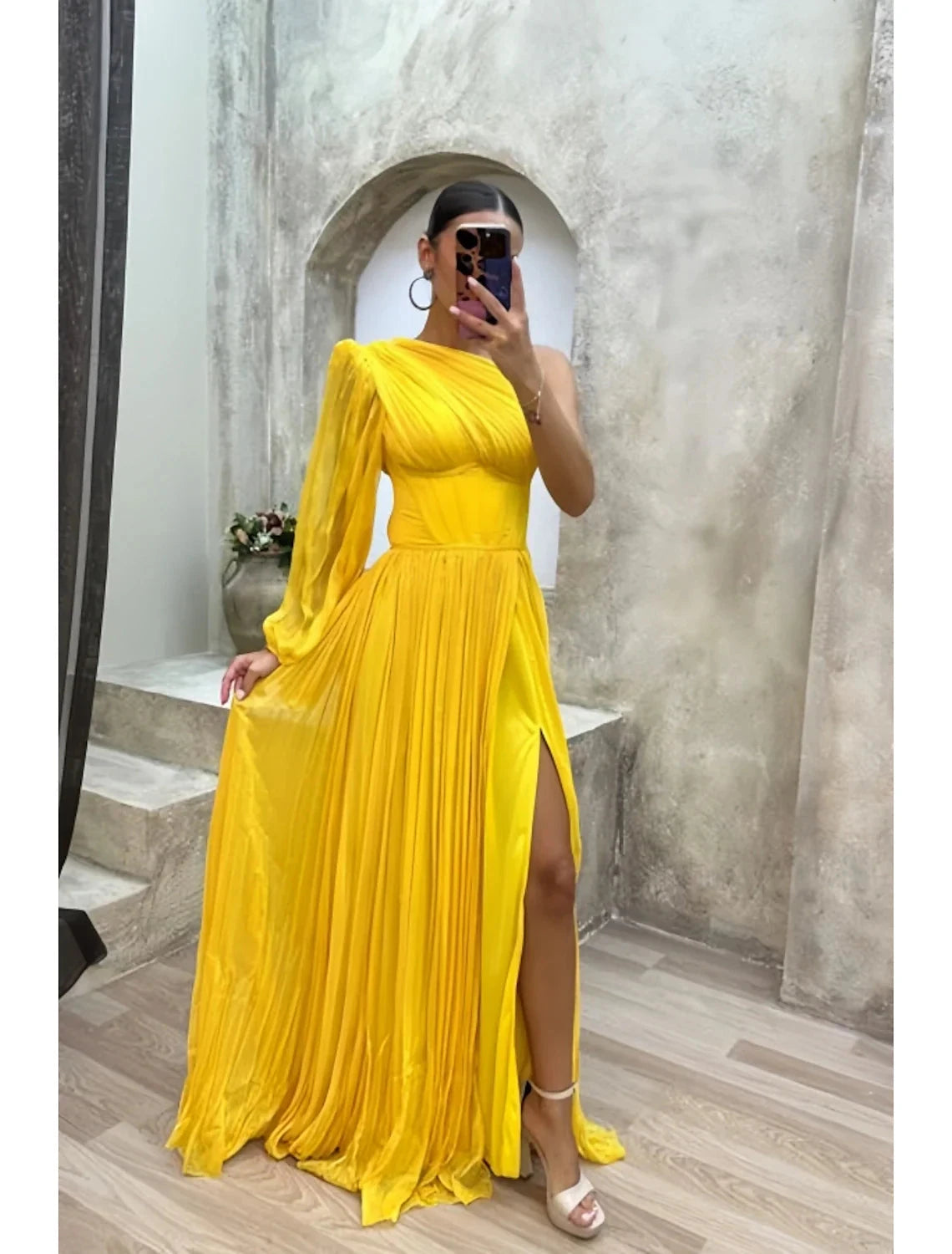 A-Line Evening Gown High Split Dress Formal Fall Sweep / Brush Train Long Sleeve One Shoulder Chiffon with Pleats Slit by YiHuiw
