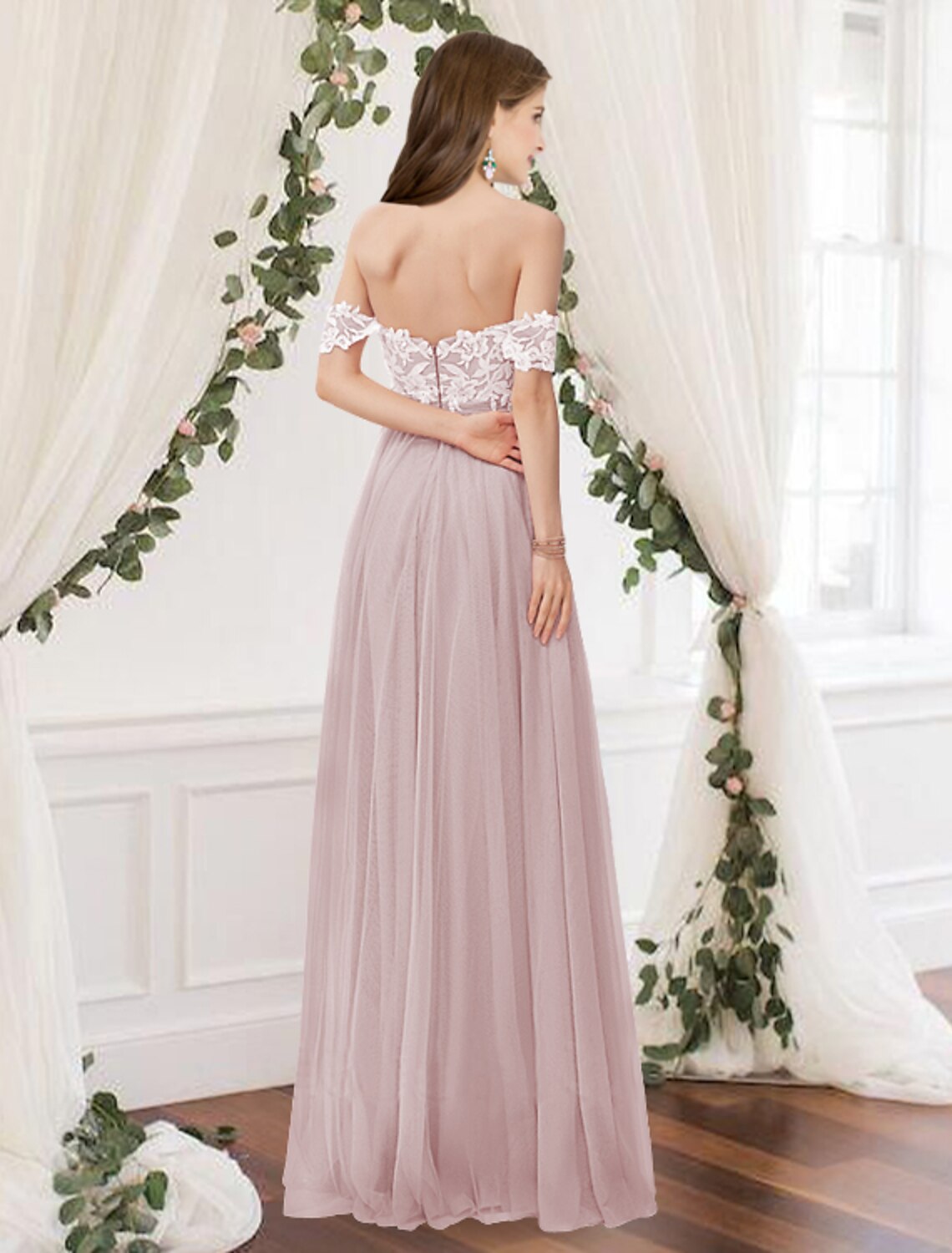 A-Line Bridesmaid Dress Off Shoulder Sleeveless Elegant Floor Length Chiffon / Lace with Pleats / Appliques by YiHuiw