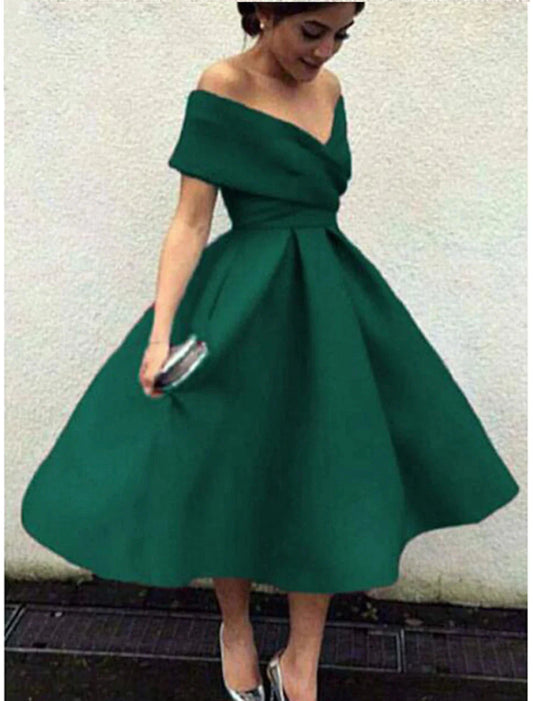 A-Line Cocktail Dresses 1950s Dress Homecoming Formal Evening Tea Length Short Sleeve V Neck Fabric V Back with Pleats by YiHuiw