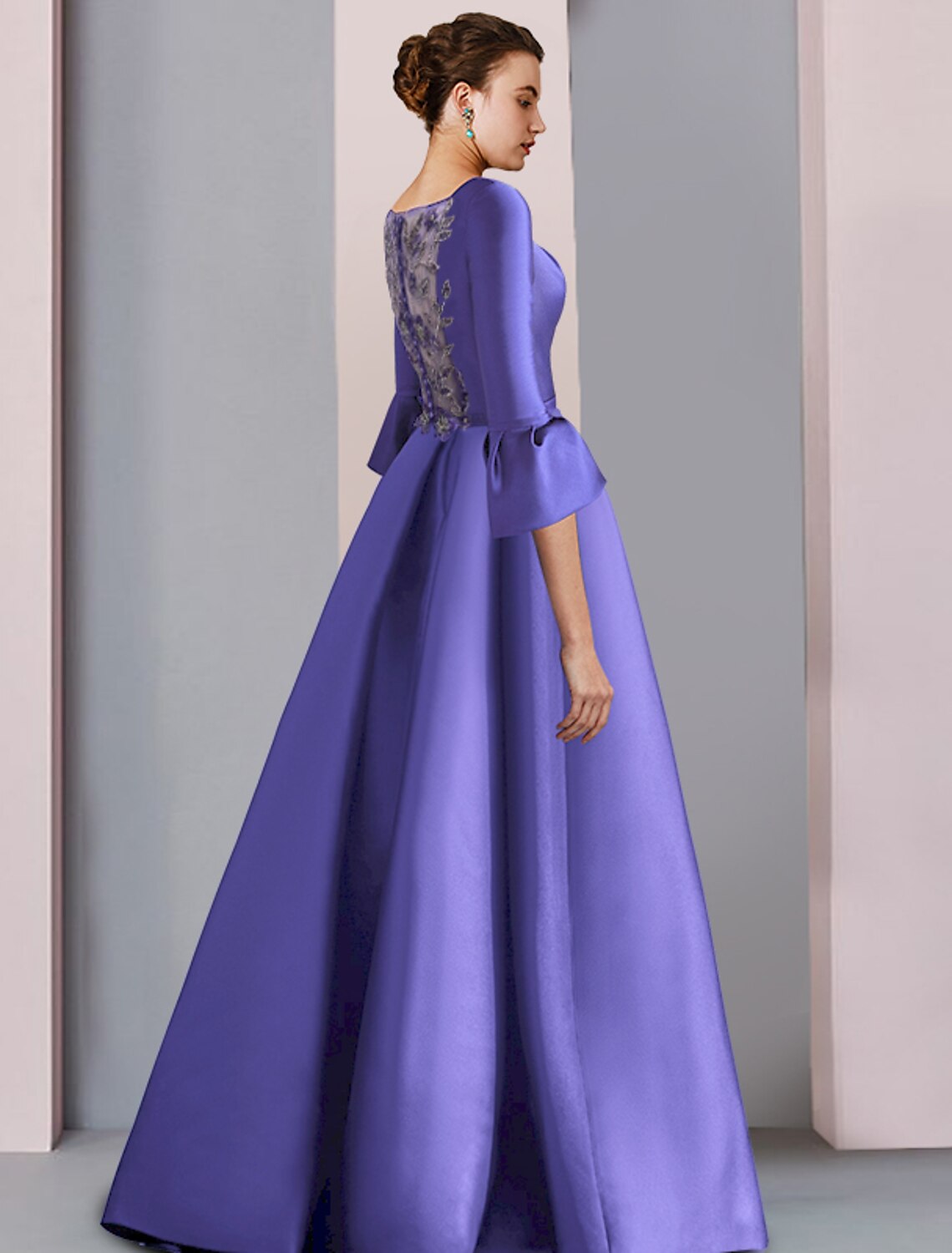 A-Line Mother of the Bride Dress Formal Party Elegant Scoop Neck Floor Length Satin 3/4 Length Sleeve with Bow(s) Pleats Embroidery by YiHuiw