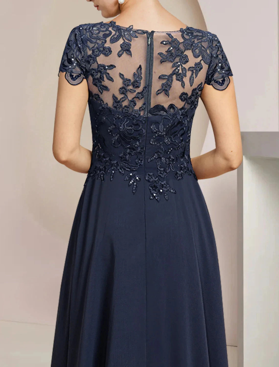 A-Line Mother of the Bride Dress Formal Wedding Guest Elegant High Low Scoop Neck Asymmetrical Tea Length Chiffon Lace Short Sleeve with Sequin Appliques by YiHuiw