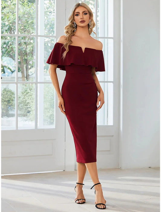 Sheath / Column Wedding Guest Dresses Minimalist Dress Party Wear Wedding Party Tea Length Short Sleeve Off Shoulder Bridesmaid Dress Fabric with Slit Pure Color by YiHuiw
