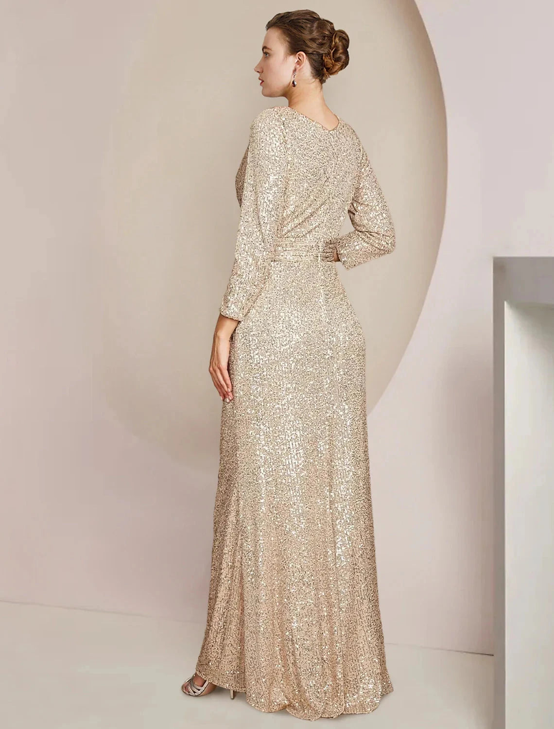 Sheath / Column Mother of the Bride Dress Formal Wedding Guest Sparkle & Shine Elegant V Neck Floor Length Sequined 3/4 Length Sleeve with Split Front by YiHuiw