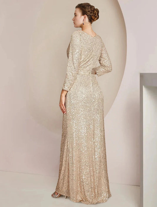 Sheath / Column Mother of the Bride Dress Formal Wedding Guest Sparkle & Shine Elegant V Neck Floor Length Sequined 3/4 Length Sleeve with Split Front by YiHuiw