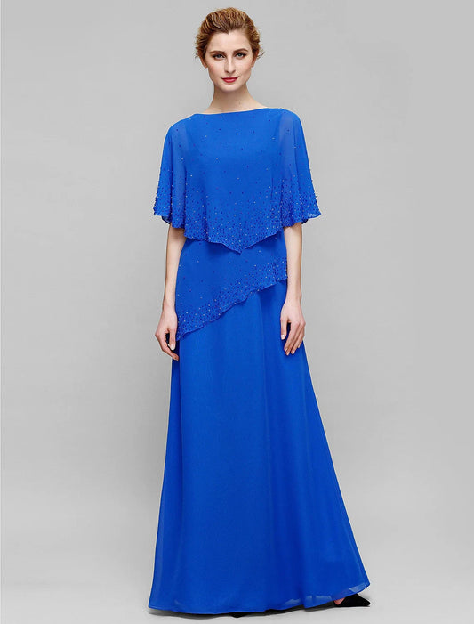 Sheath / Column Mother of the Bride Dress Elegant Bateau Neck Floor Length Chiffon Sleeveless with Beading by YiHuiw