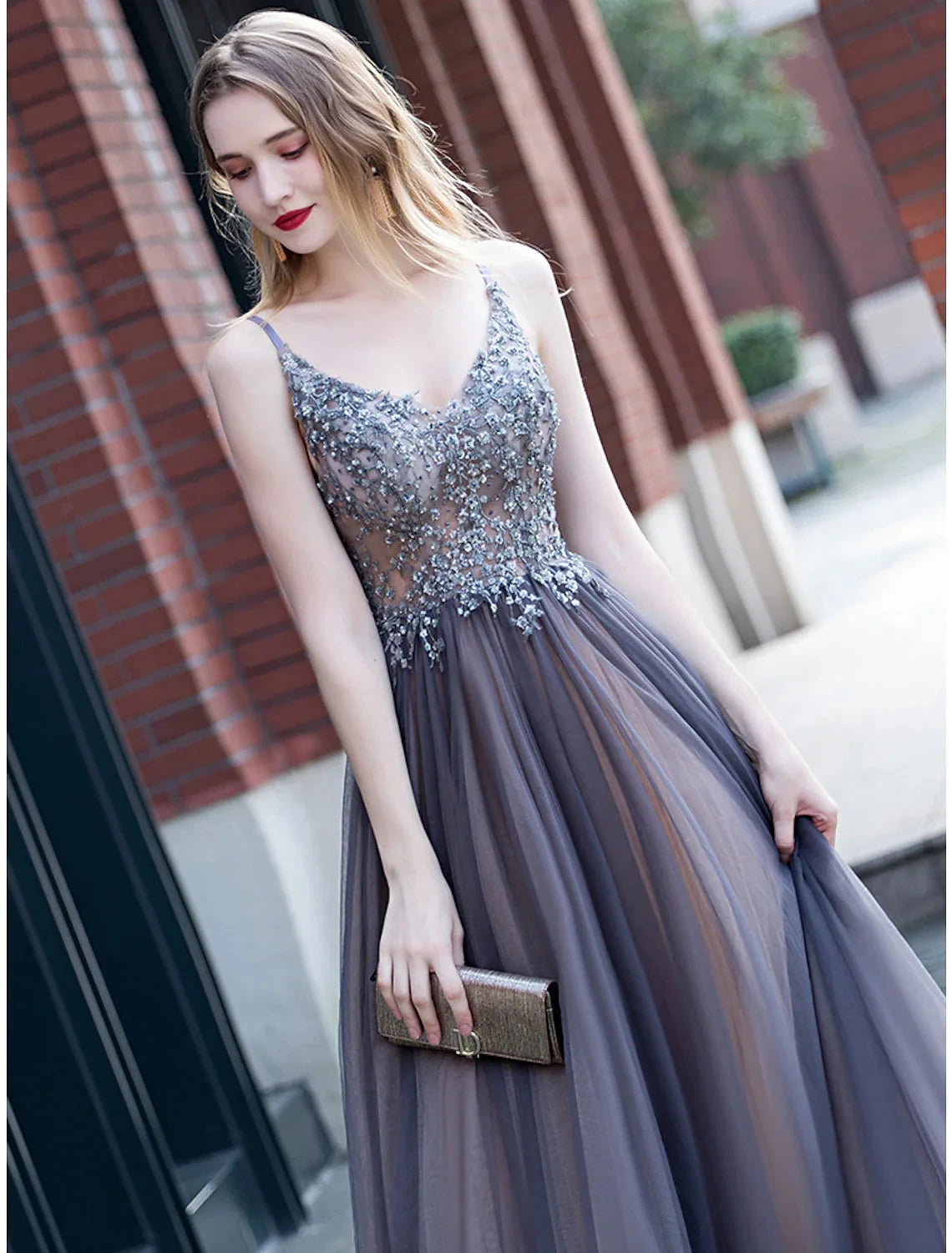 A-Line Minimalist Elegant Party Wear Prom Dress V Neck Sleeveless Floor Length Tulle with Pleats Appliques by YiHuiw